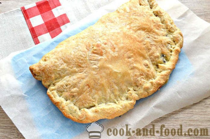 Pie káposztával és gombával leveles tészta -, hogyan kell főzni egy tortát kovásztalan tészta puff, lépésről lépésre recept fotók
