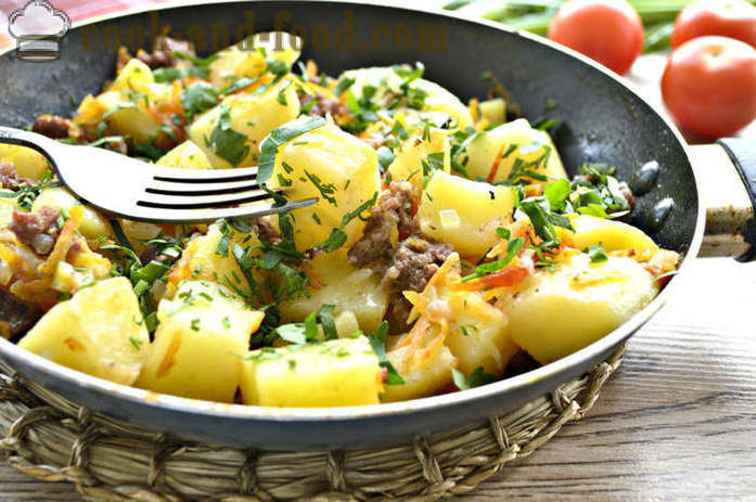 Burgonya párolt hús és zöldség -, hogyan kell főzni finom burgonyát egy serpenyő, egy lépésről lépésre recept fotók