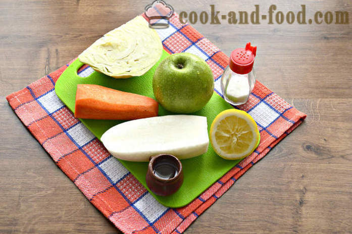 Saláta a daikon retek és sárgarépa, alma, káposzta -, hogyan kell elkészíteni egy saláta daikon retek és a vaj, a lépésről lépésre recept fotók