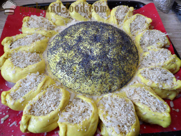 Hús snack sütemény Napraforgó - hogyan lehet a kelt tészta, napraforgó, lépésről lépésre recept fotók