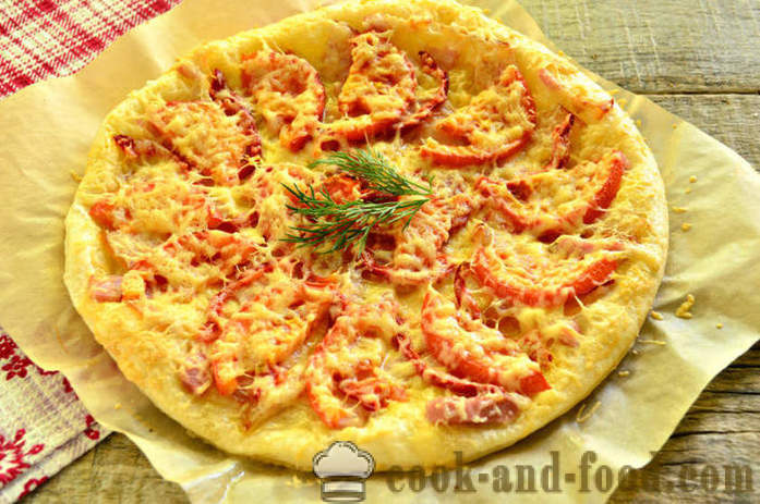 Pizza Puff leveles tészta szalonnával és bors - hogyan készítsük kovásztalan pizza a tésztából, lépésről lépésre recept fotók