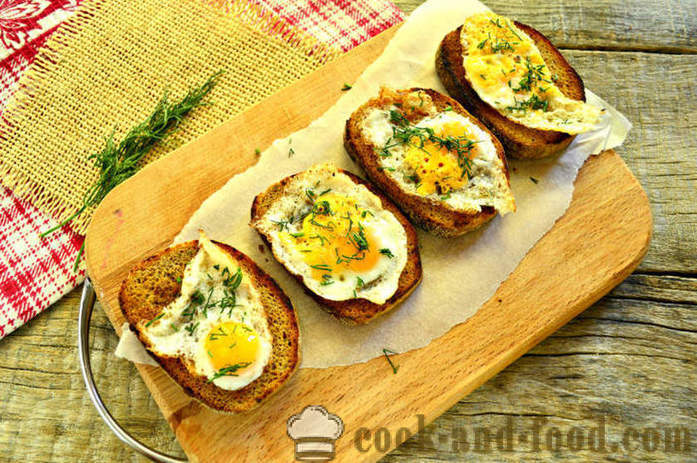Francia pirítós tojással és zöldek egy serpenyőben - hogyan lehet egy pirítós egy tojást reggelire, egy lépésről lépésre recept fotók