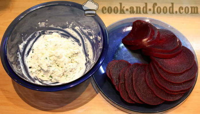 Rakott saláta céklát kecskesajttal és fokhagyma - hogyan lehet egy salátát a céklát rétegből, egy lépésről lépésre recept fotók