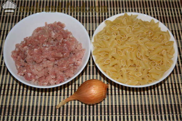 Pasta nautically darált húst egy serpenyőben -, hogyan kell főzni tésztát nautically darált hússal, lépésről lépésre recept fotók