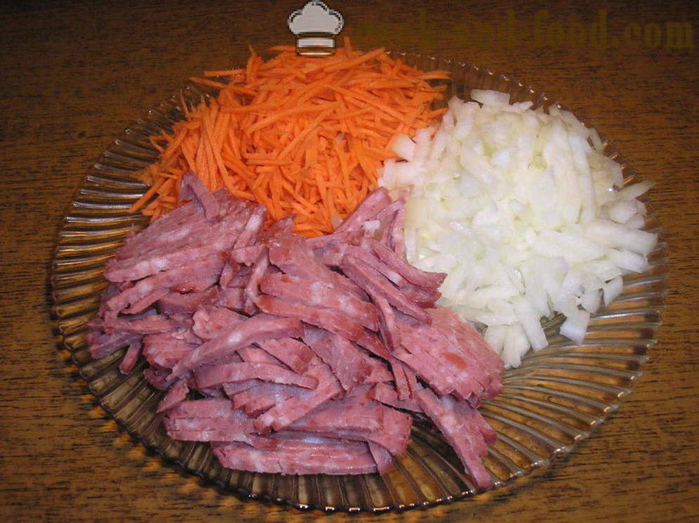 Saláta burgonya botokkal és kolbász - hogyan lehet burgonya saláta, lépésről lépésre recept fotók