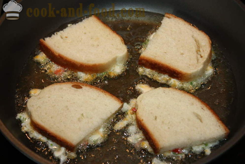 Forró szendvicsek, sajt és tojás -, hogyan lehet meleg szendvicsek a serpenyőben, lépésről lépésre recept fotók
