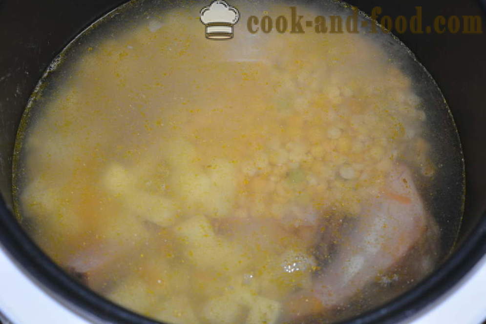 Borsó leves füstölt -, hogyan kell főzni borsó leves füstölt bordával multivarka, lépésről lépésre recept fotók