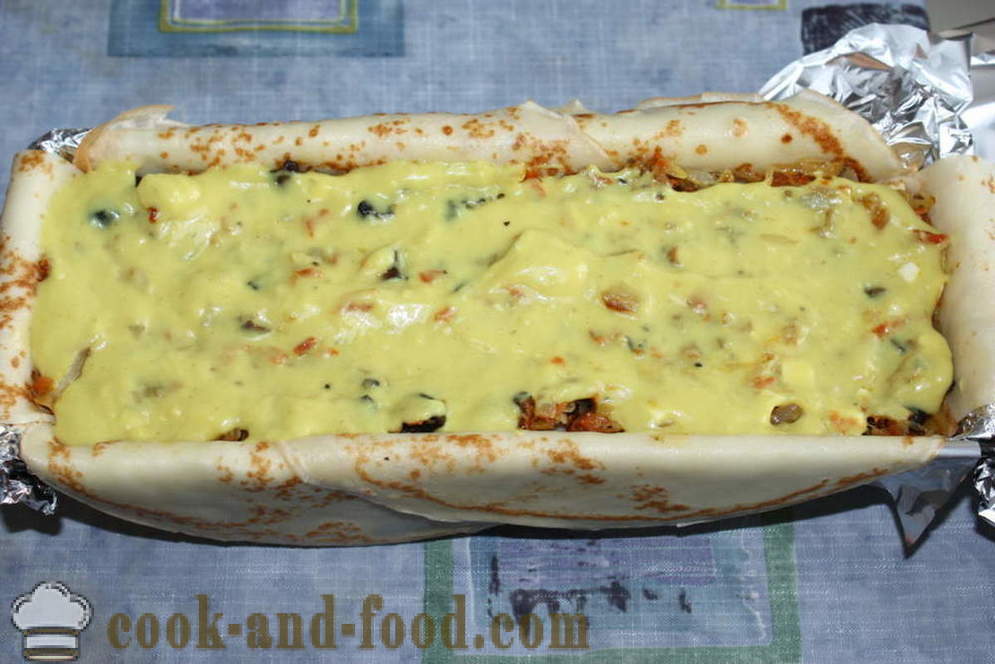Palacsinta pite gombával, sajttal és zöldség a sütőben - lépésről lépésre, hogyan kell főzni egy palacsinta torta receptje képpel