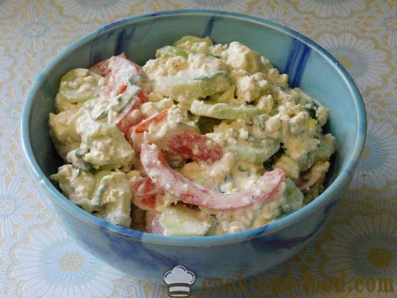 Paraszt saláta sajt, uborka és paradicsom ebéd vagy vacsora - hogyan kell elkészíteni saláta sajt, recept fotó