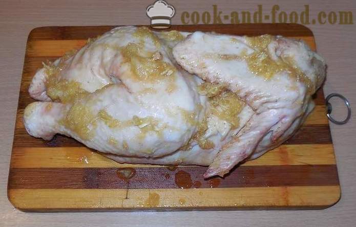 Csirke sült a hüvely (fél hasított) -, mint egy finom csirke sült a kemencében, a sült csirke recept lépésenként, fotókkal