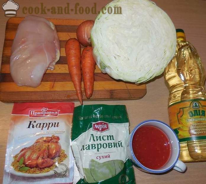Párolt káposzta csirke, zöldségek és curry - hogyan kell főzni párolt káposzta hús csirke - lépésről lépésre recept fotók